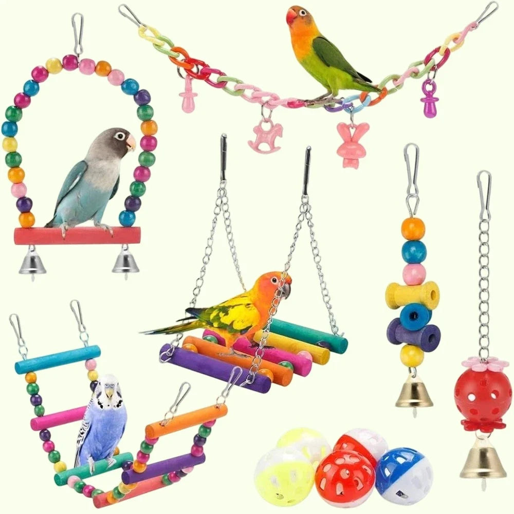 Kit de 11 Jouets pour Oiseaux & Perroquets – Balançoires et Accessoires
